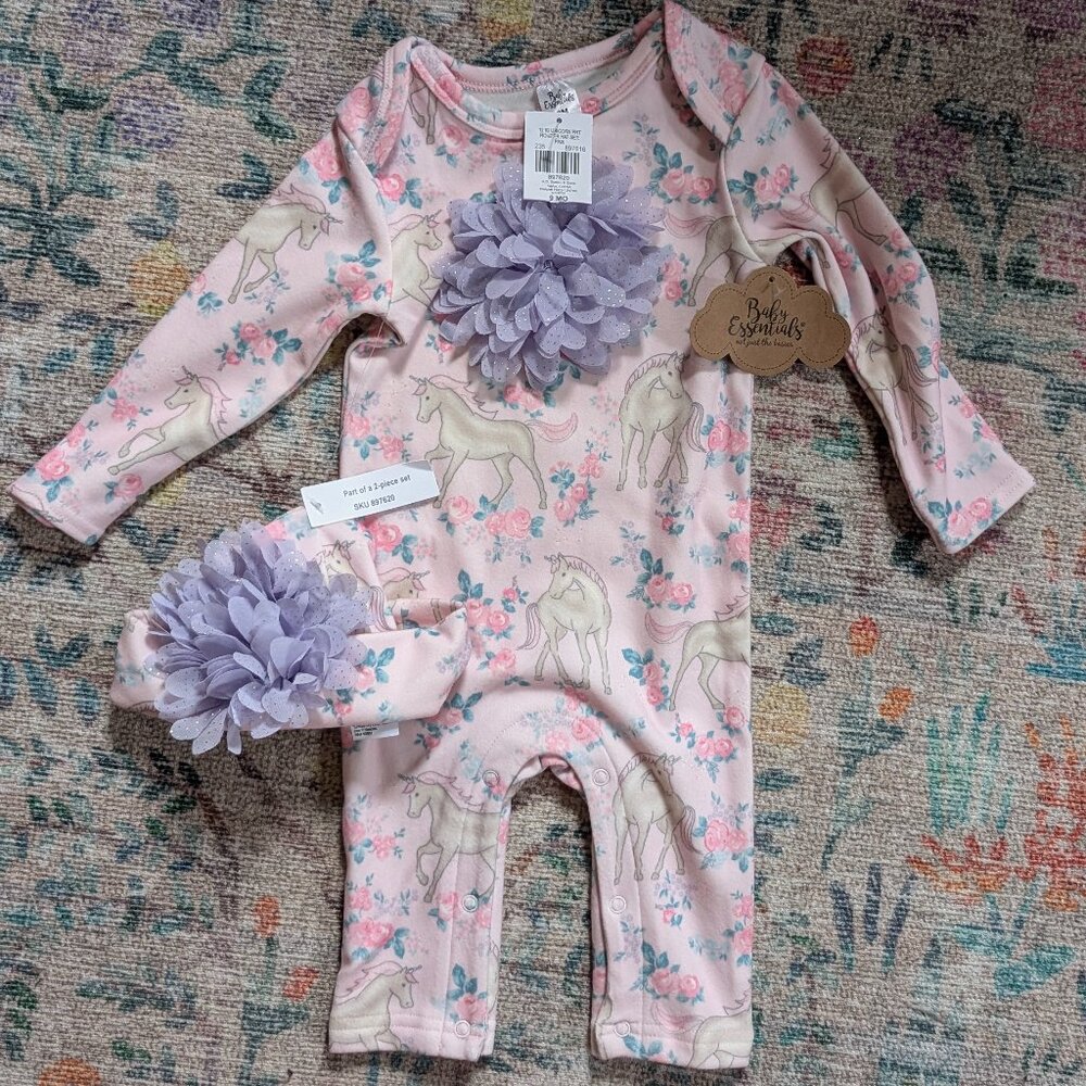 🦄✨ Baby Essentials Unicorn Onesie Set – Size 9M – Purple & Pink – NWT